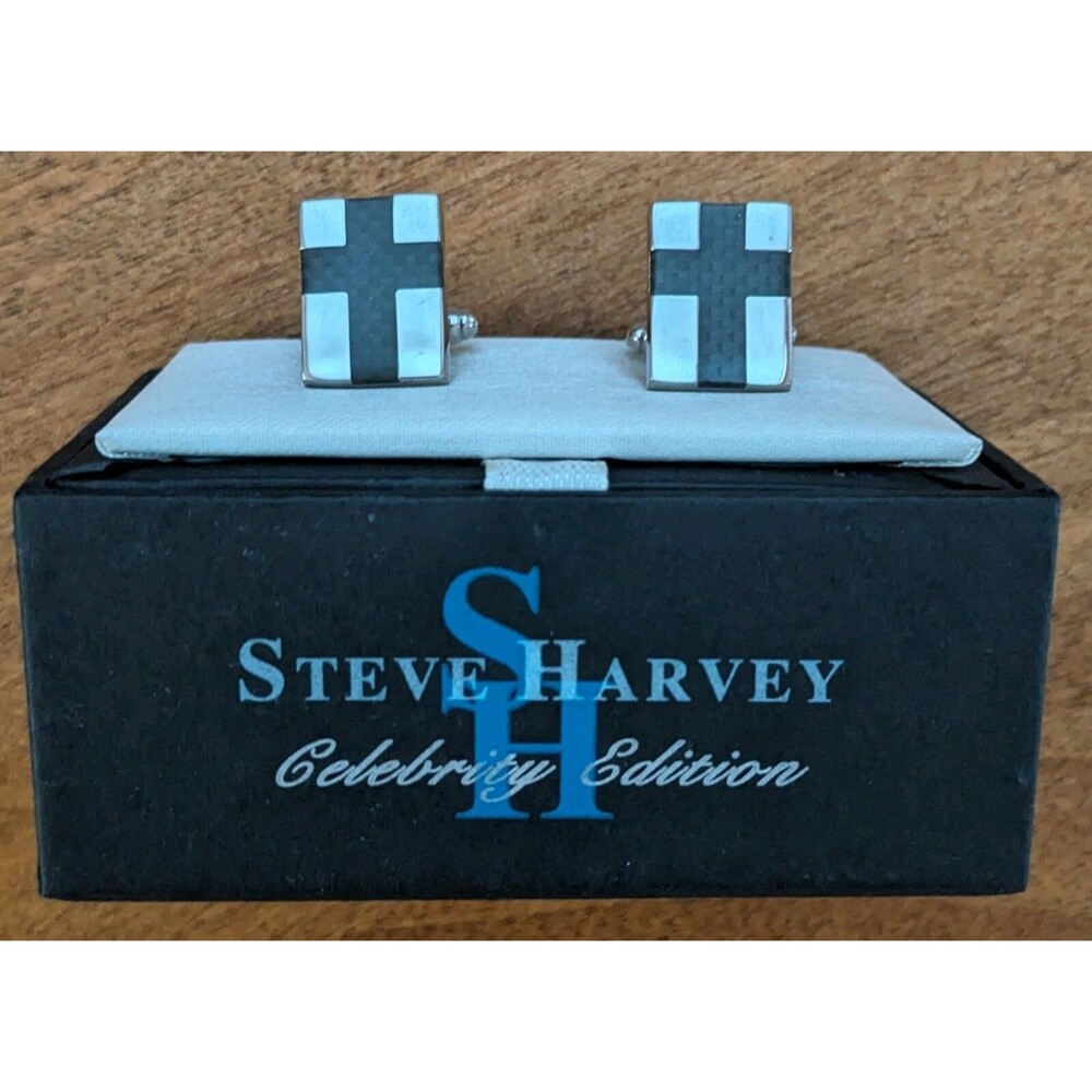 Steve Harvey Cross Design Cufflinks Silver Brown French Cuff Display Box New